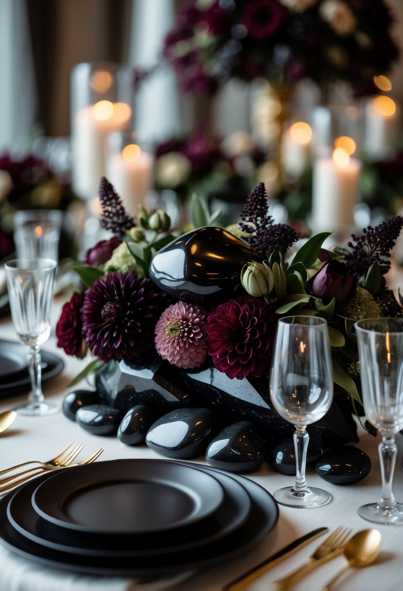 A wedding table set with dark obsidian centerpieces, deep-colored flowers, black plates, gold cutlery, and crystal glasses.