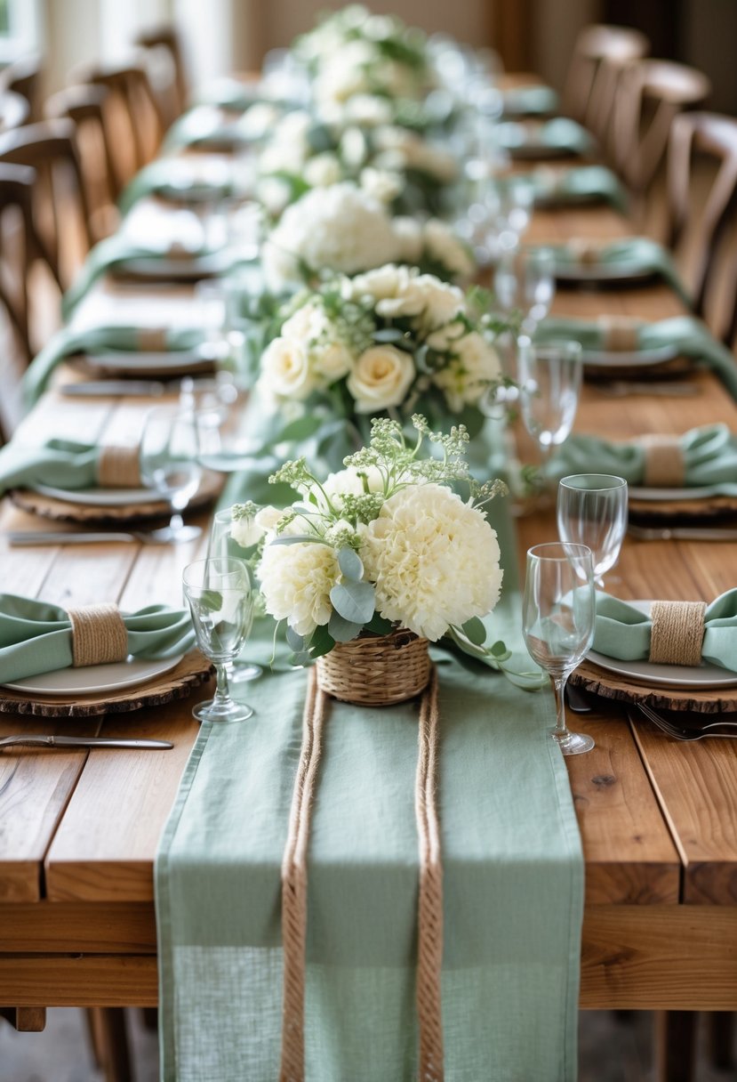 A wedding table set with sage green table runners, natural jute accents, floral centerpieces, and rustic tableware.
