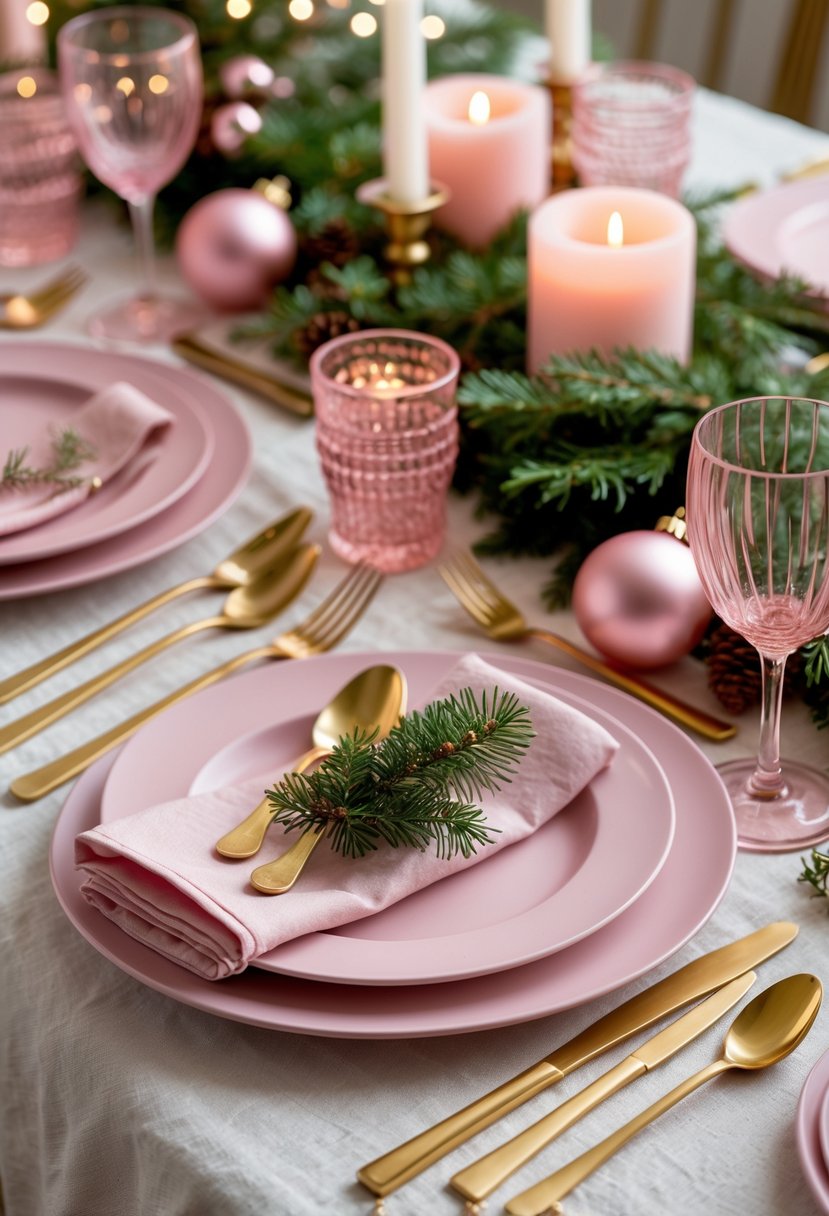 A Christmas table set with gold flatware and pink plates, napkins, and decorations on a light tablecloth.