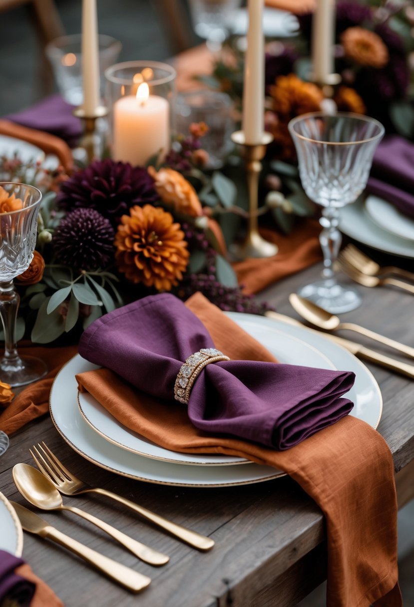 A wedding table set with burnt orange and plum napkins, plates, glassware, candles, and autumnal floral arrangements.