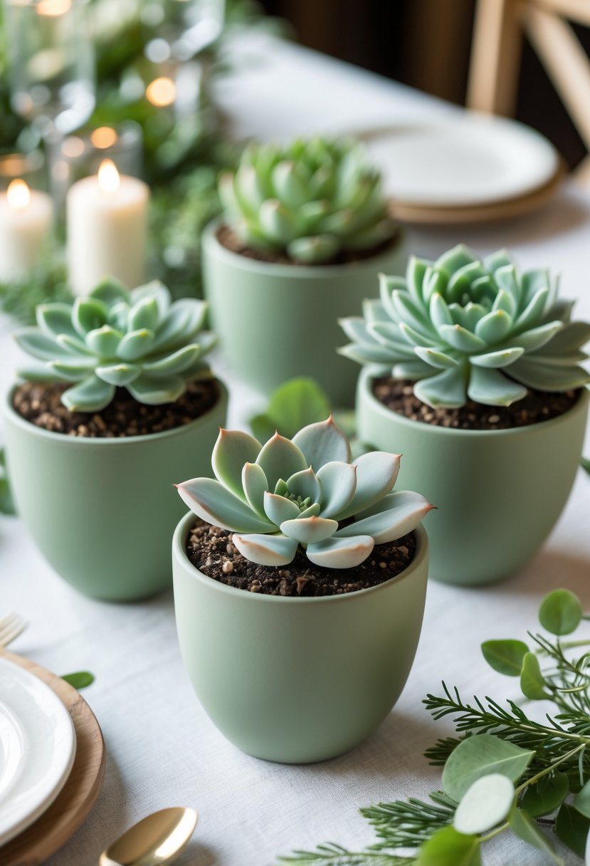 A wedding table with potted succulent plants in sage green ceramic pots arranged as favors among simple table decorations.
