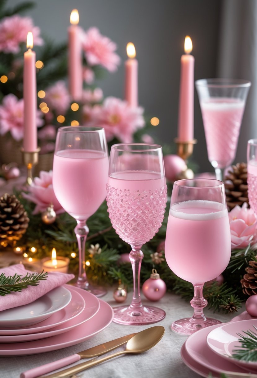 A Christmas table set with pink frosted glassware, pink flowers, candles, and festive decorations arranged on a neutral tablecloth.
