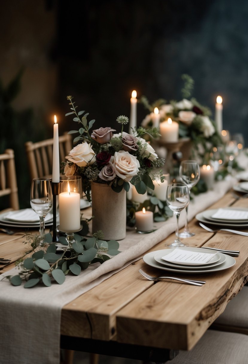 A wedding table with raw wood surface, minimal cloth runners, floral arrangements, candles, and neatly arranged tableware.