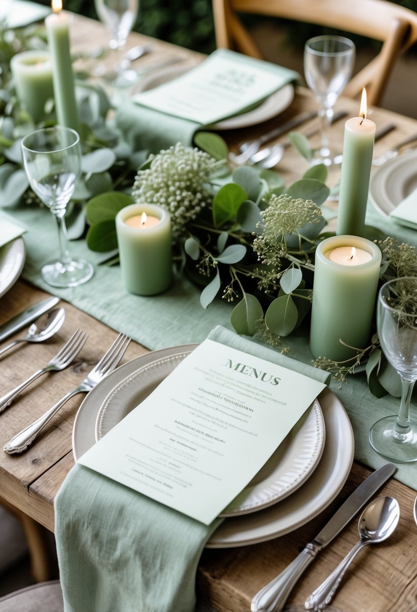 Wedding table setting with recycled paper menus, sage green floral arrangements, candles, and elegant tableware.