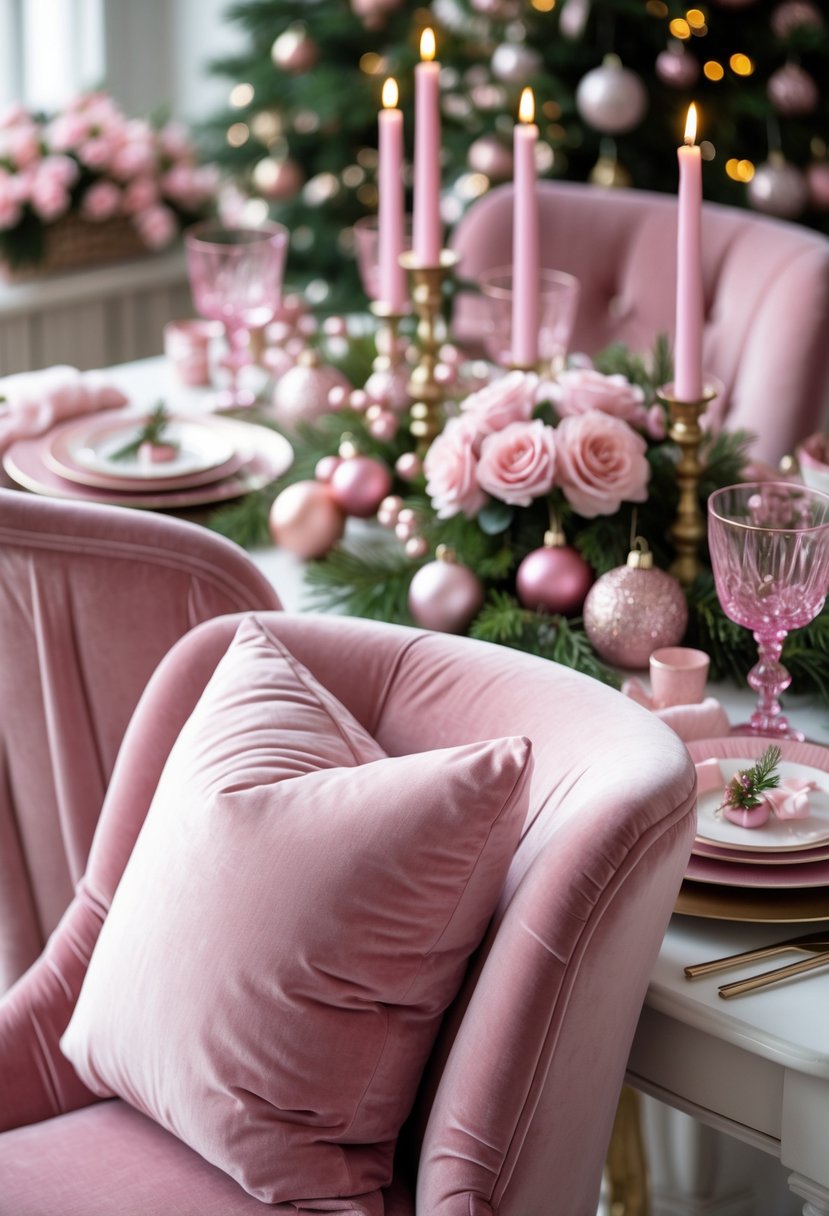 A Christmas dining table set with pink velvet chair cushions, pink candles, ornaments, flowers, and elegant tableware.