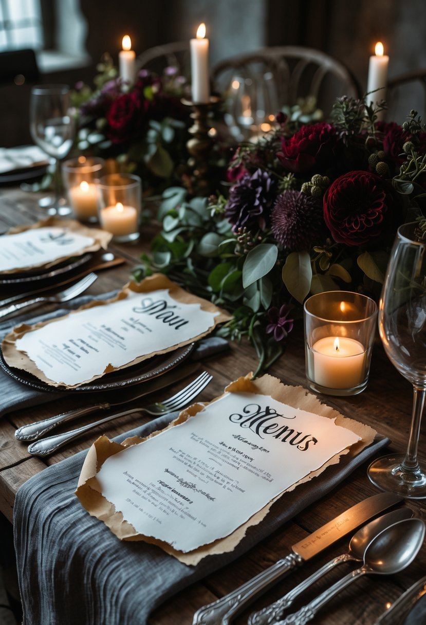 A wedding table set with menus on torn paper edges, surrounded by flowers, candles, and vintage tableware.