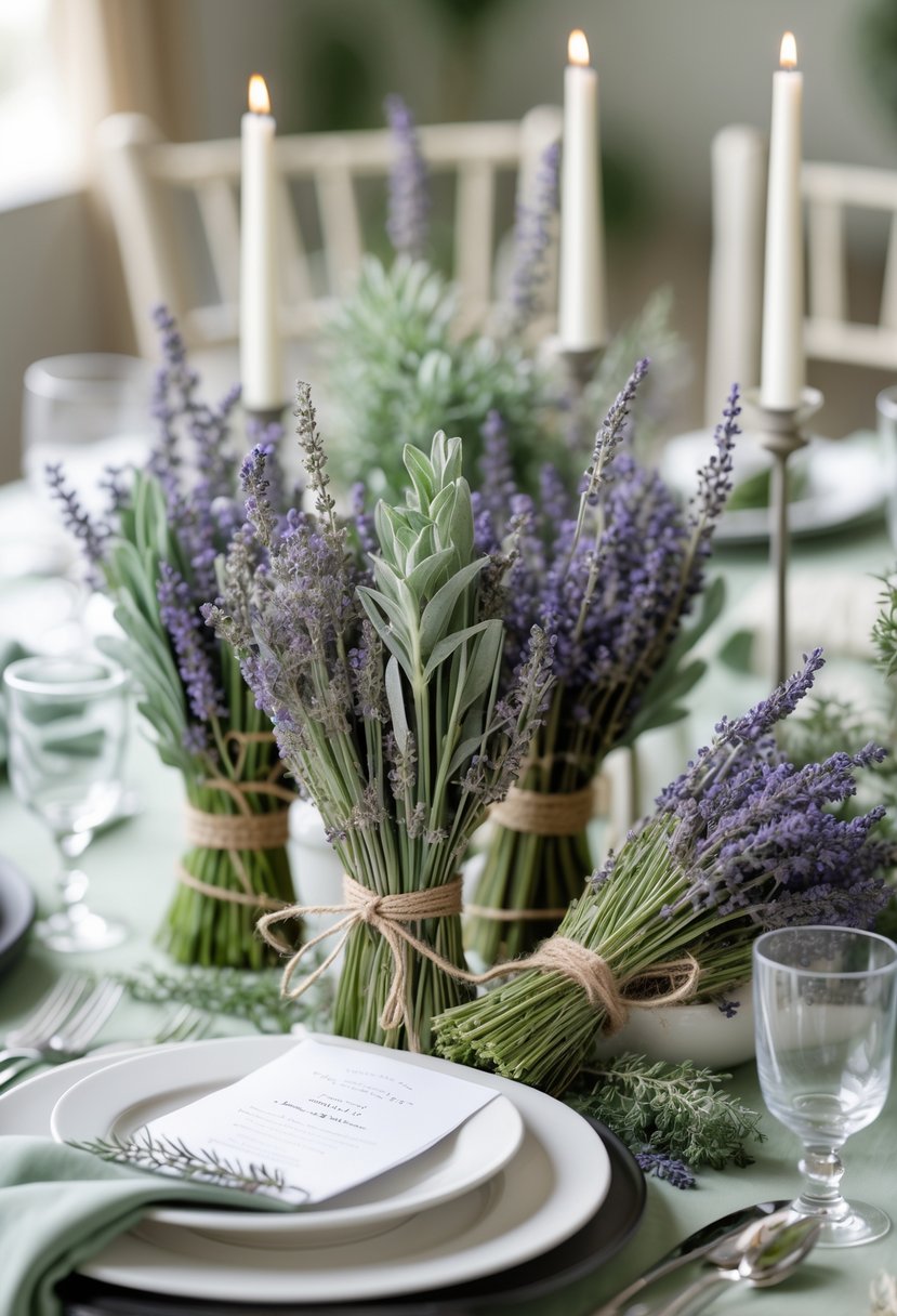 Wedding table setting with dried lavender and sage bundles tied with twine placed on sage green table linens.
