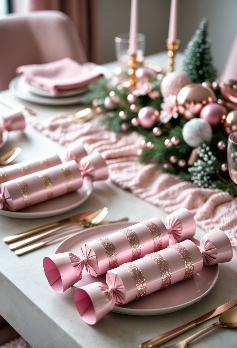 A Christmas table set with pink-themed decorations and pink Christmas crackers at each place setting.