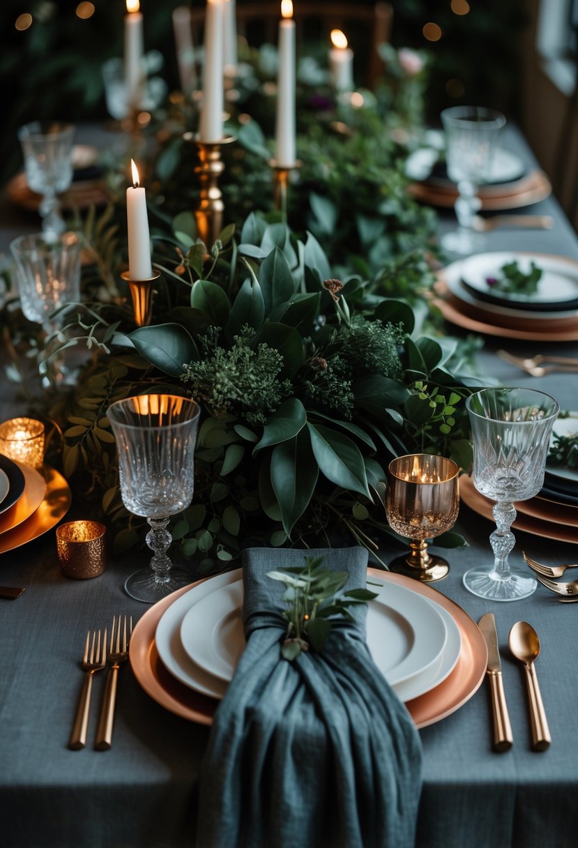 A wedding table set with layered greenery and metallic accents, including candles, cutlery, and floral arrangements.