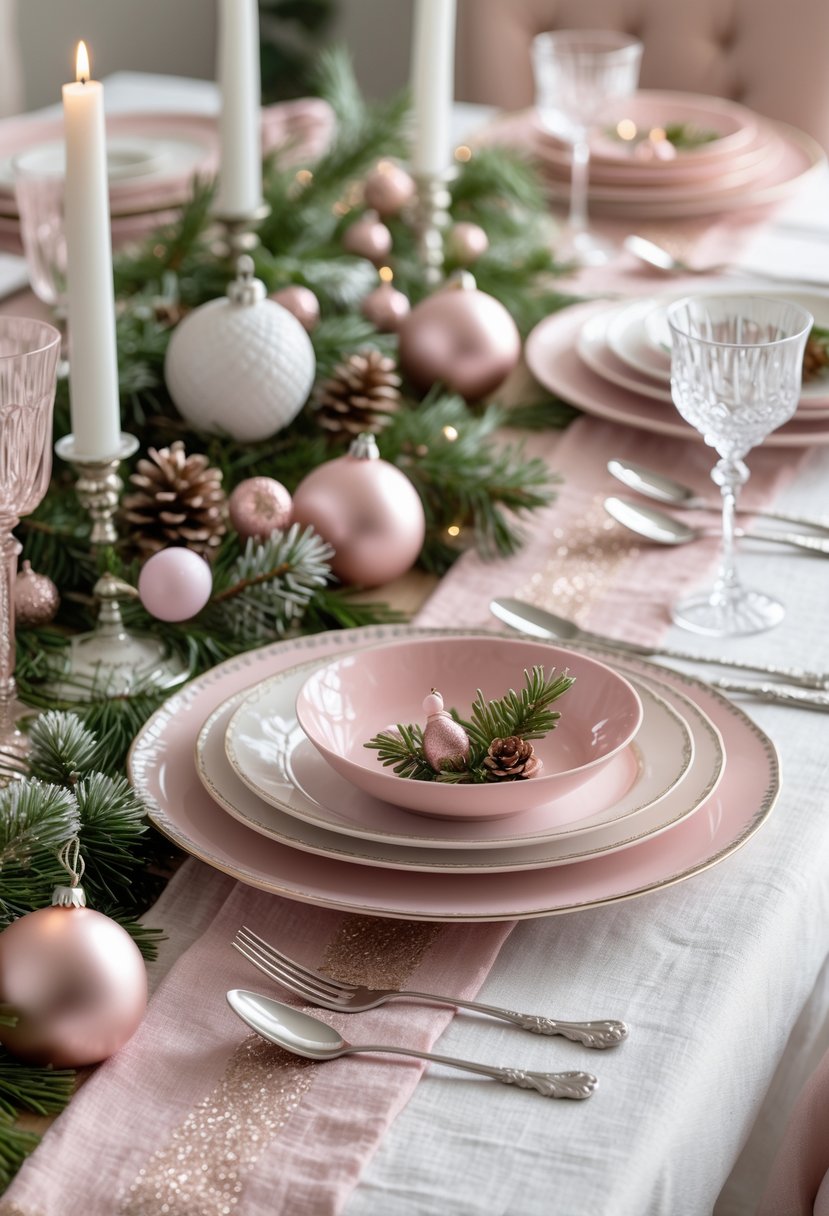 A Christmas table set with a pastel pink linen runner, pink and white dishes, candles, and holiday decorations.