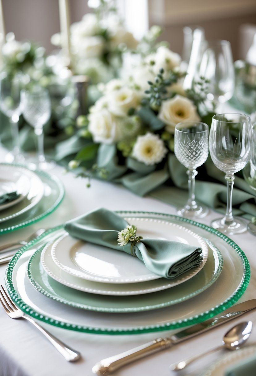 A wedding table set with glass charger plates that have sage green rims, surrounded by matching green accents and elegant tableware.