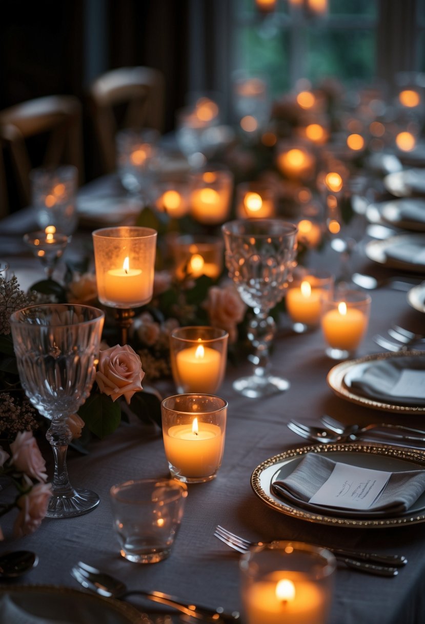 A wedding table set with candles flickering, elegant dinnerware, and soft lighting creating a warm and intimate atmosphere.