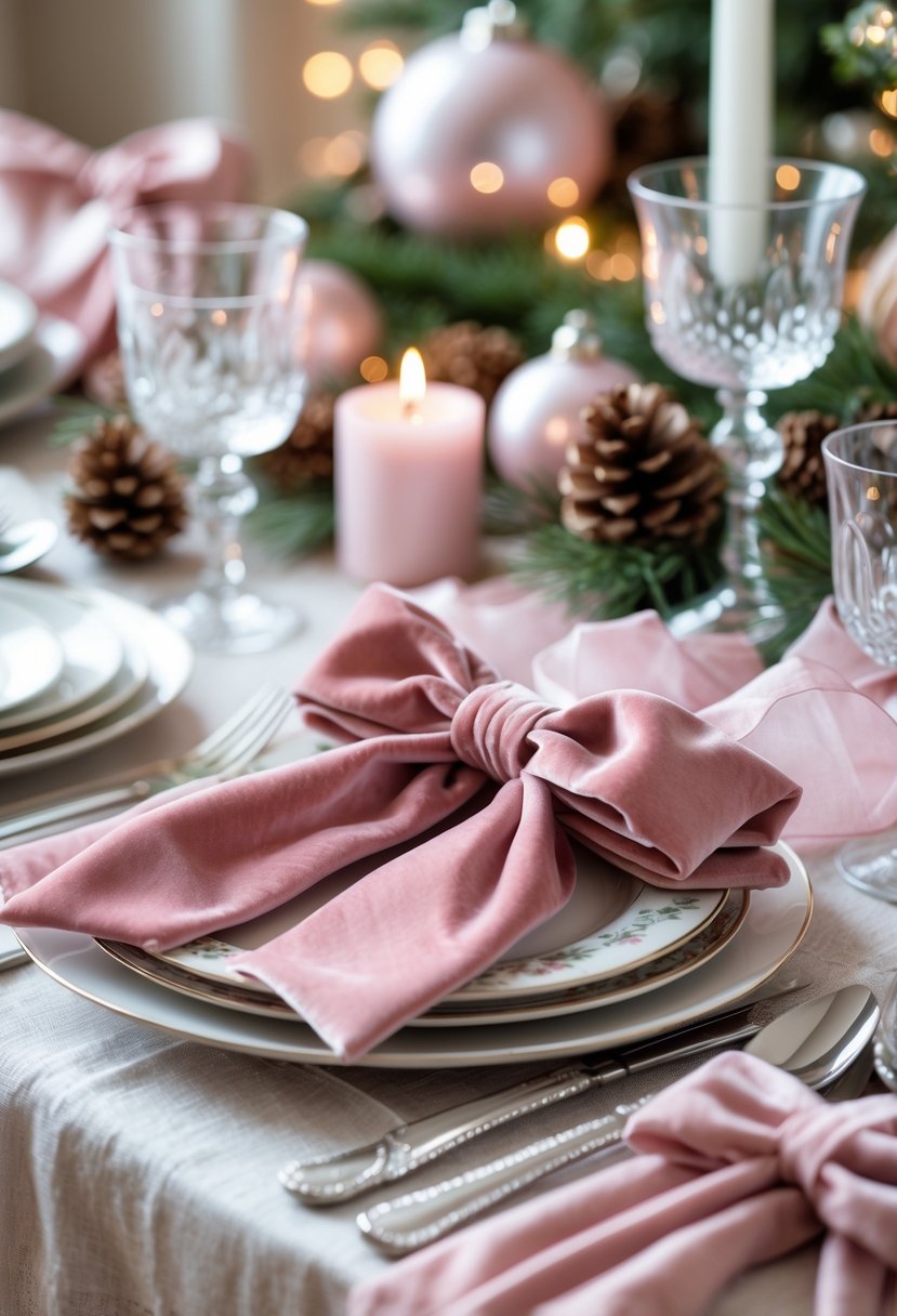 A Christmas table setting with cutlery wrapped in pink velvet ribbons tied in bows, surrounded by festive decorations and warm lighting.