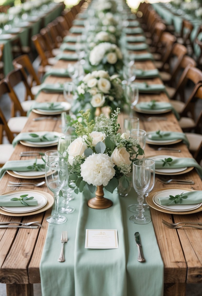 Rustic wooden tables set with sage green linen overlays and elegant wedding table settings featuring flowers, glassware, and silverware.