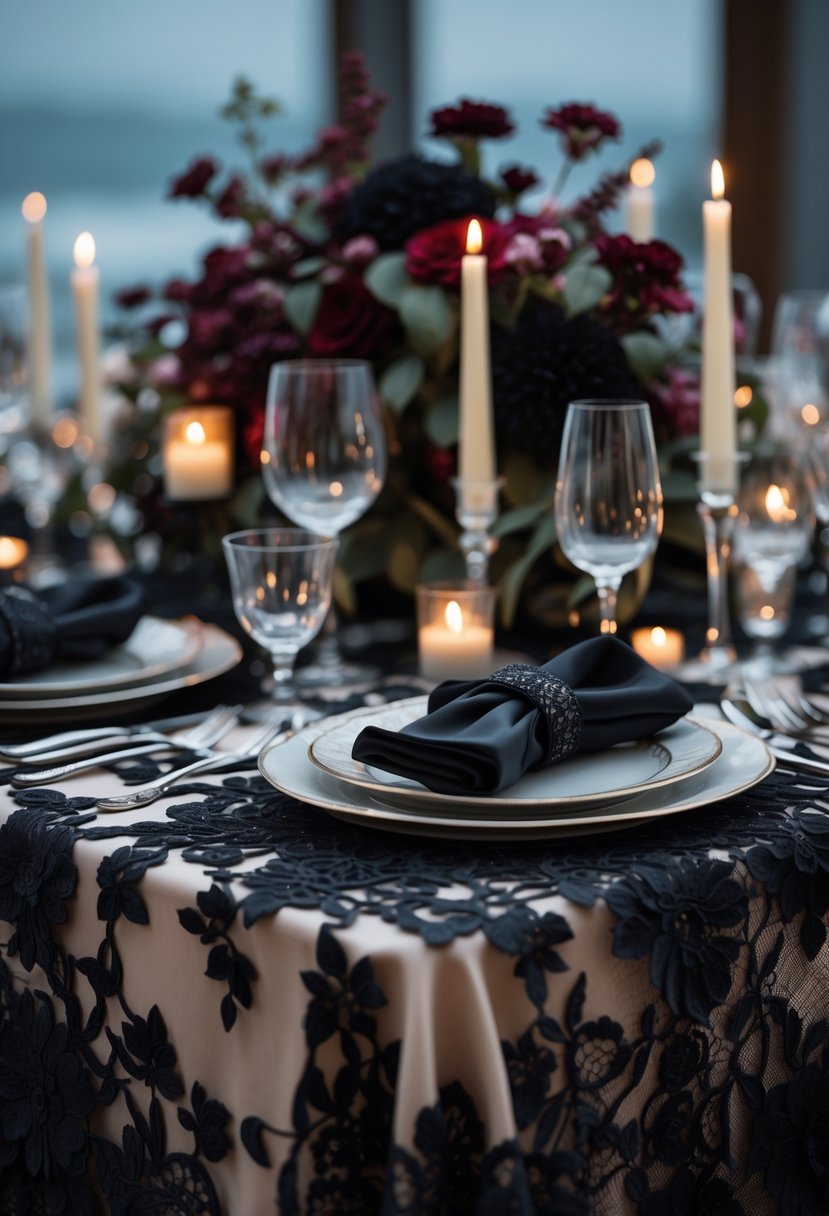 A wedding table set with black lace overlays, dark flowers, candles, fine china, and glassware arranged for a formal event.