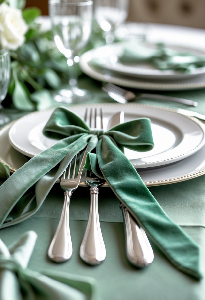 Close-up of cutlery sets tied with sage green velvet ribbons on a wedding table setting.