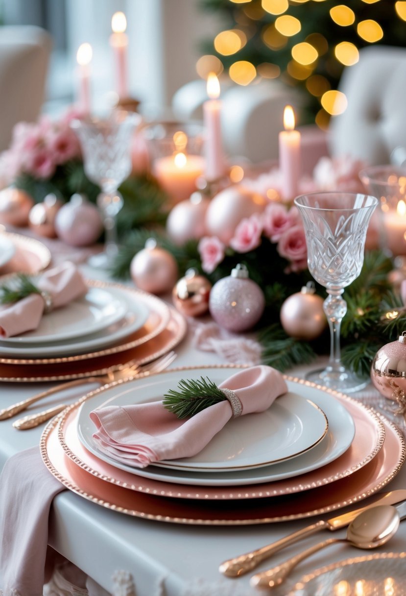 A Christmas table set with rose gold chargers under white plates, pink decorations, and elegant glassware.