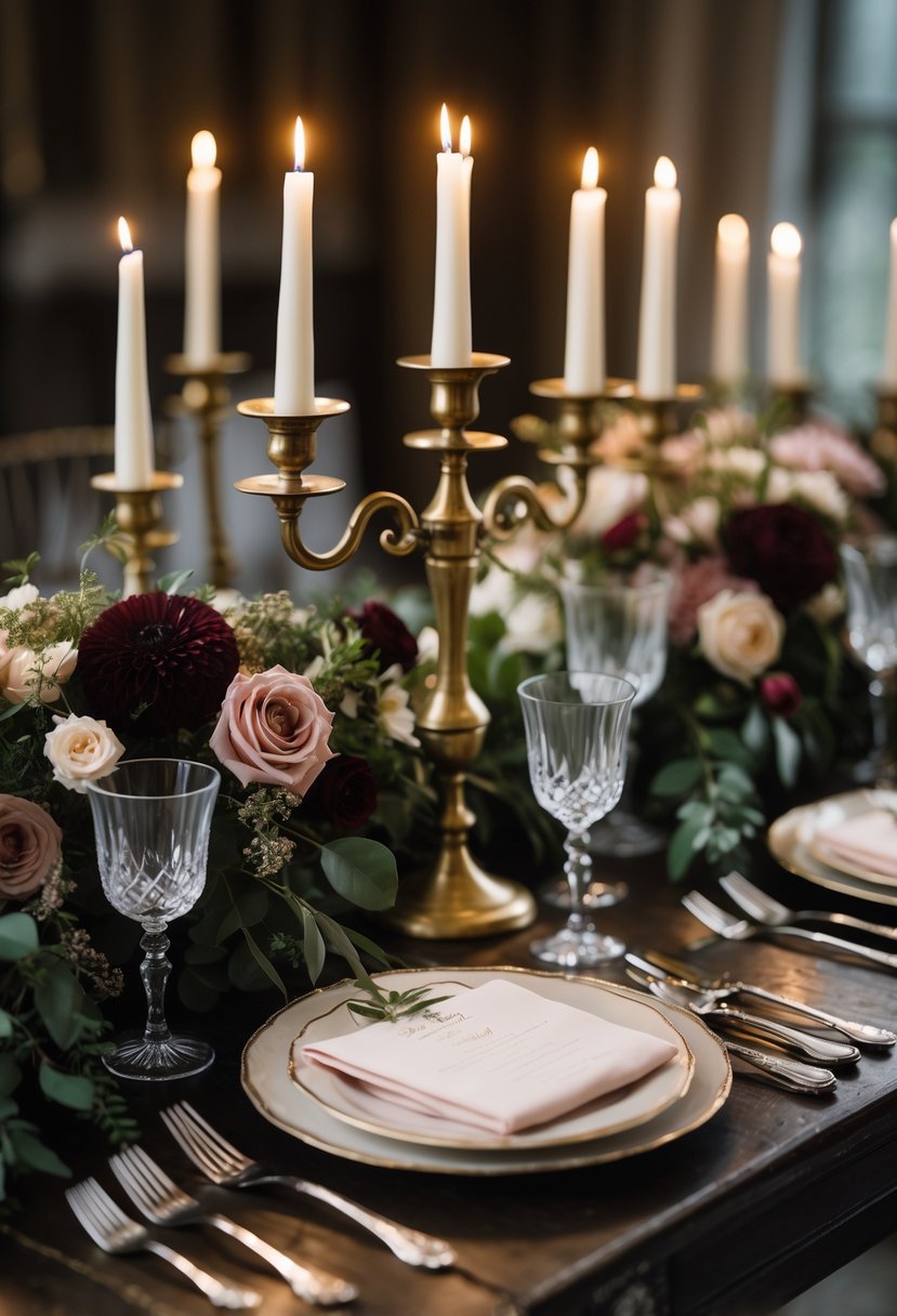 A wedding table set with antique brass candelabras, floral arrangements, and elegant tableware under soft lighting.