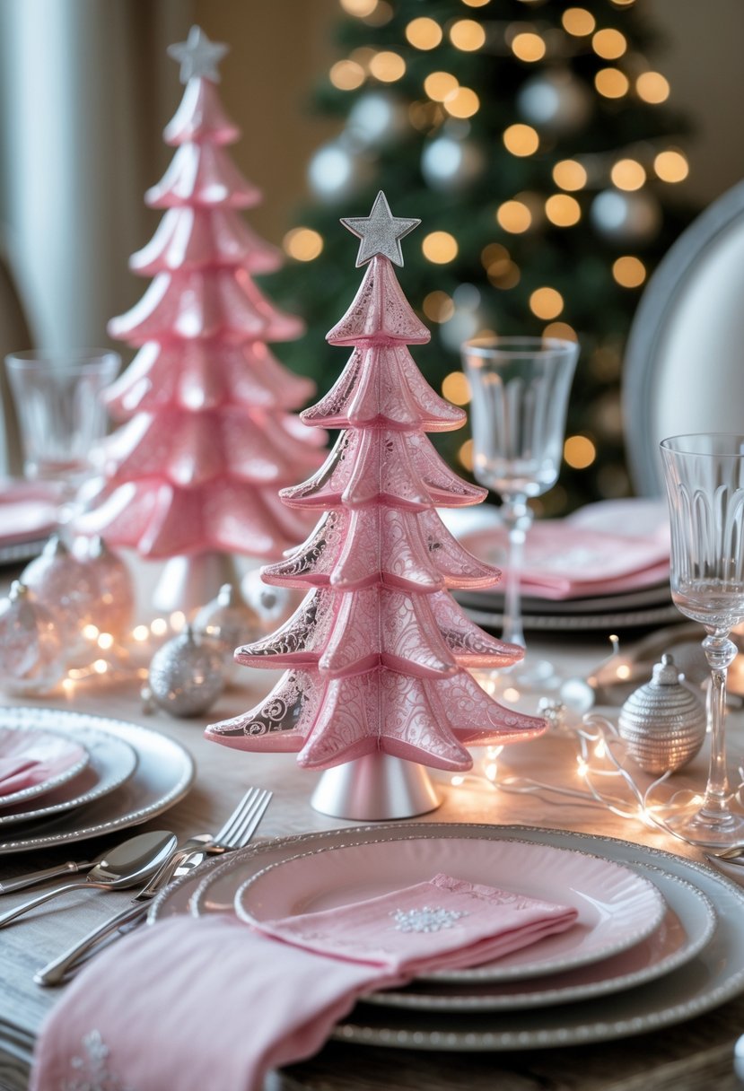 A Christmas table set with pink and silver Christmas tree-shaped favor holders and matching festive decorations.
