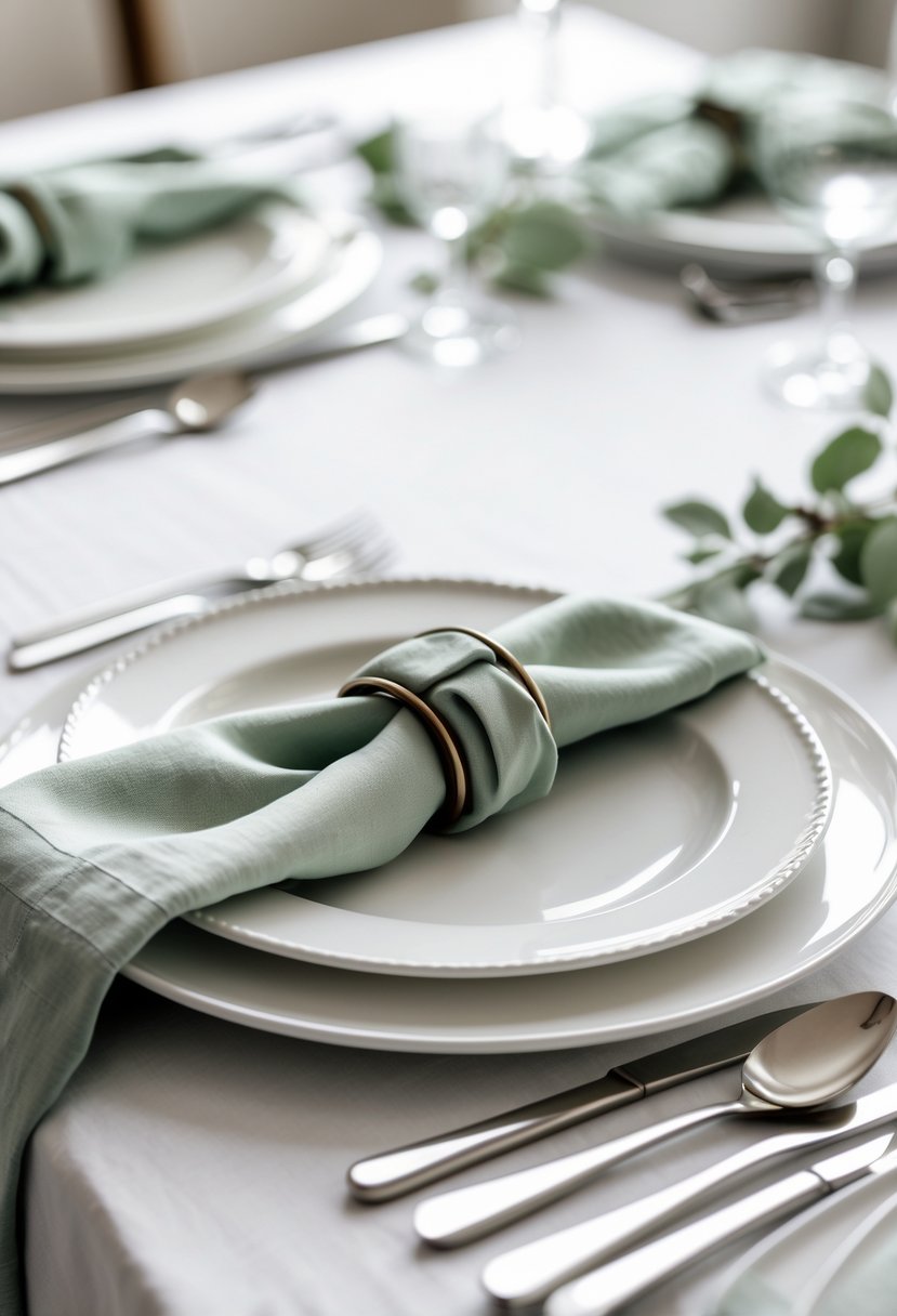 A wedding table setting with white porcelain plates and sage green napkin rings holding matching cloth napkins.