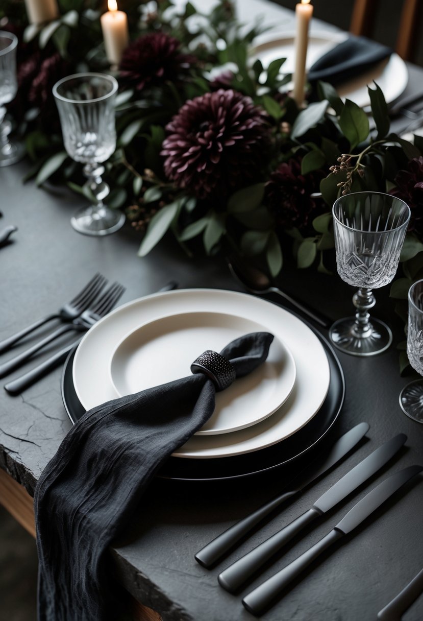 A wedding table set with matte black flatware, dark floral arrangements, and elegant dinnerware on a dark table.