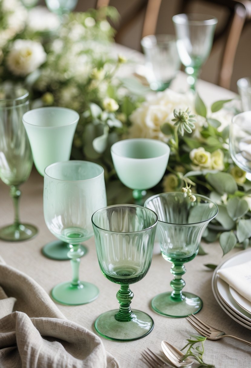 A wedding table set with 18 mismatched vintage sage green tinted glasses arranged among floral decorations and greenery.