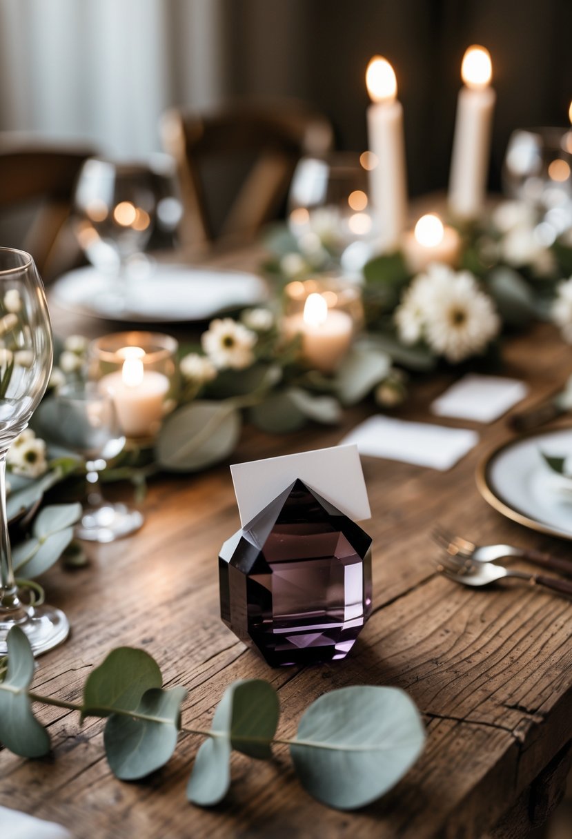 A wedding table setting with smoky quartz crystals used as place card holders surrounded by flowers and candles on a wooden table.