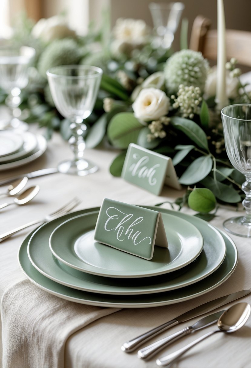 A wedding table set with sage green ceramic place cards, flowers, greenery, glassware, and cutlery arranged neatly.