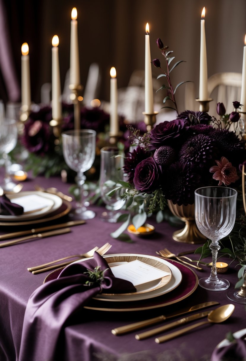A wedding table set with plum and wine-colored linens, floral centerpieces, candles, and elegant place settings.