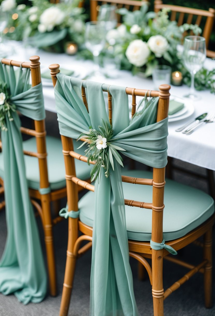 Wedding table with sage green fabric chair sashes decorated with botanical brooches and matching table settings.