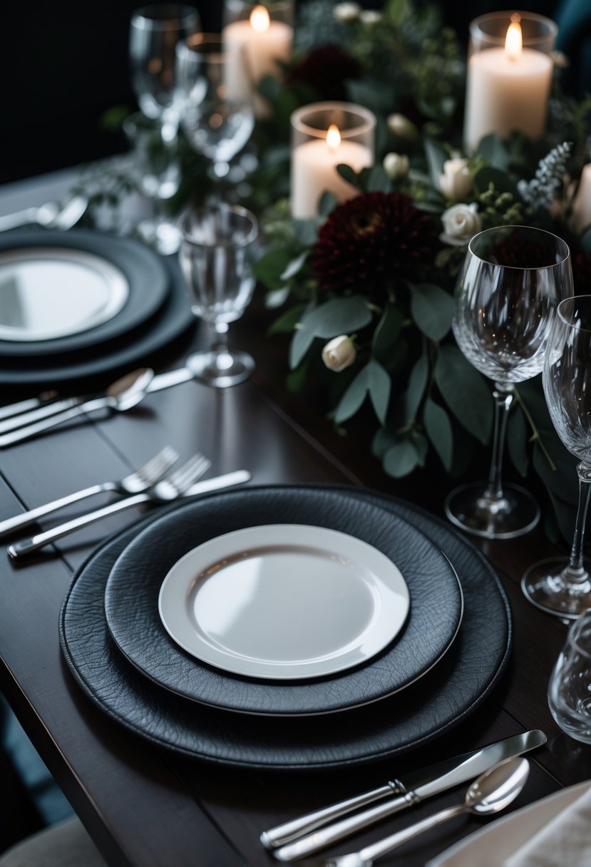 A wedding table setting with textured black leather charger plates, white dinner plates, silver cutlery, crystal glasses, and dark floral arrangements on a dark wooden table.