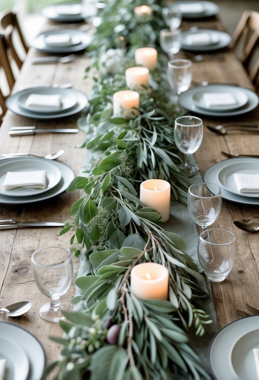 A wedding table decorated with garlands of olive branches and sage leaves, set with plates, glasses, and candles.