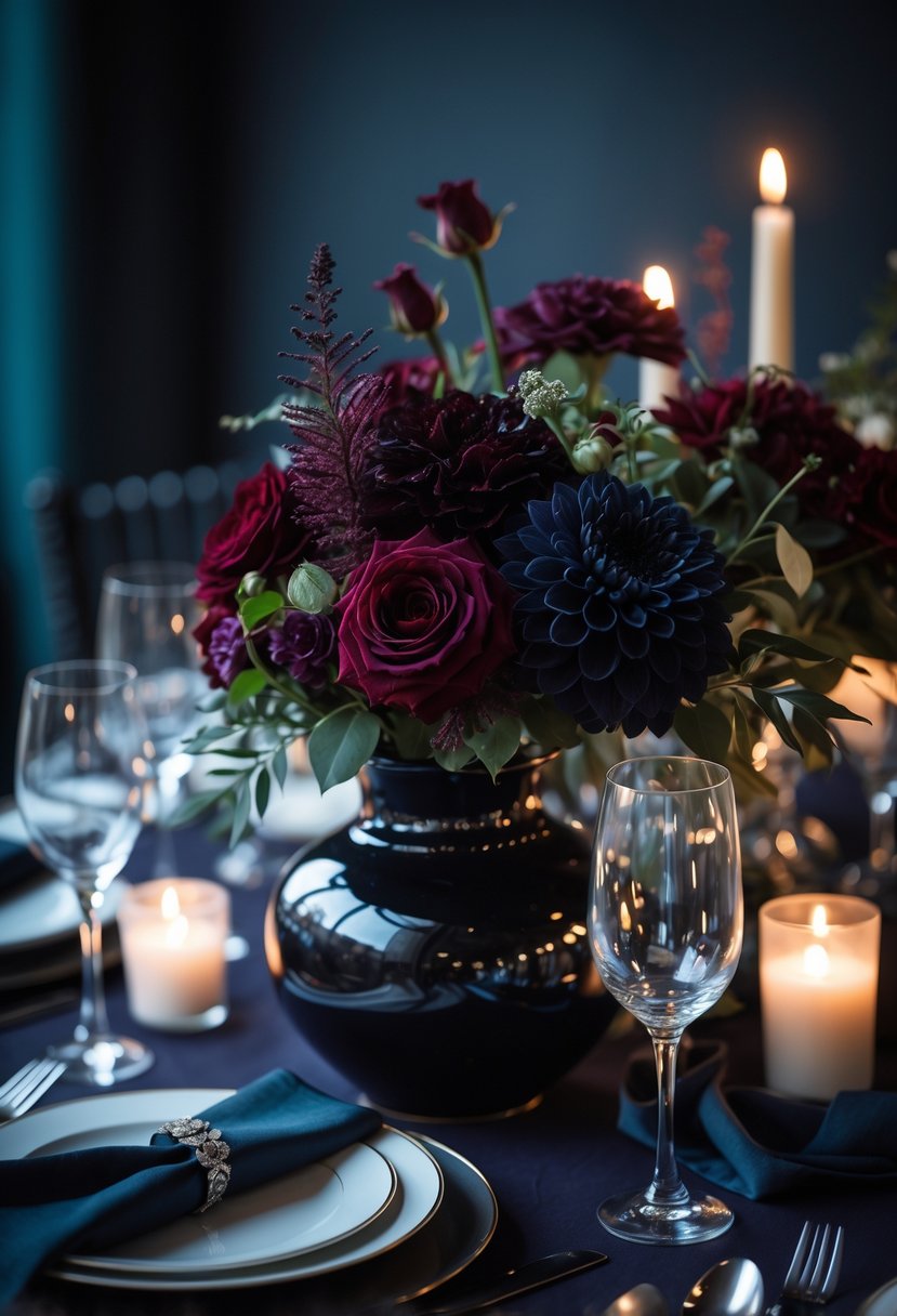 A wedding table set with dark glossy floral vases holding deep red and purple flowers, surrounded by plates, glasses, and candles.