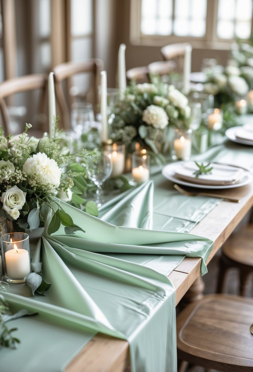 A wedding table set with sage green disposable table runners, floral centerpieces, candles, and glassware on wooden tables.