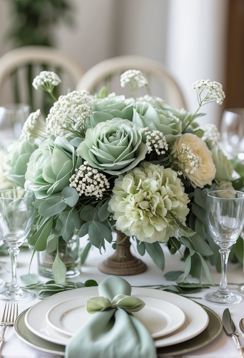 A wedding table with soft sage green silk flowers and white baby's breath arranged as a centerpiece, surrounded by plates, glassware, and napkins.
