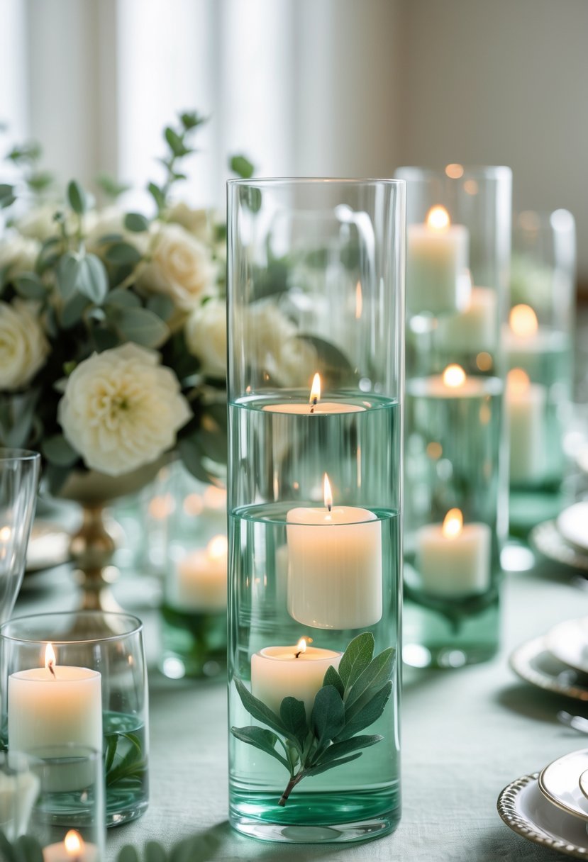 Clear glass vases filled with sage-colored water and floating candles on a wedding table decorated with sage green elements.