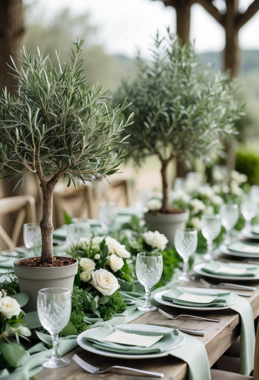 Wedding table with small potted olive trees as centerpieces and sage green decorations.