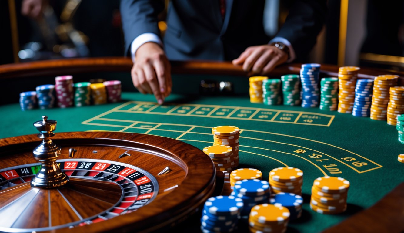 Meja roulette di kasino dengan roda roulette yang sedang berputar dan tumpukan chip warna-warni, seorang pemain berpakaian rapi sedang memasang taruhan.