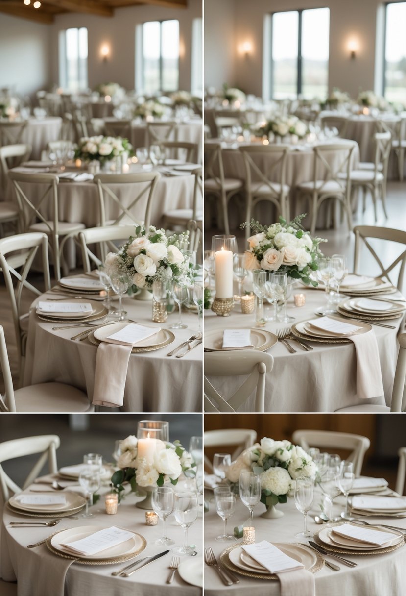 A wedding venue with multiple tables set for a reception, featuring neutral-colored decorations, floral centerpieces, candles, and elegant place settings.