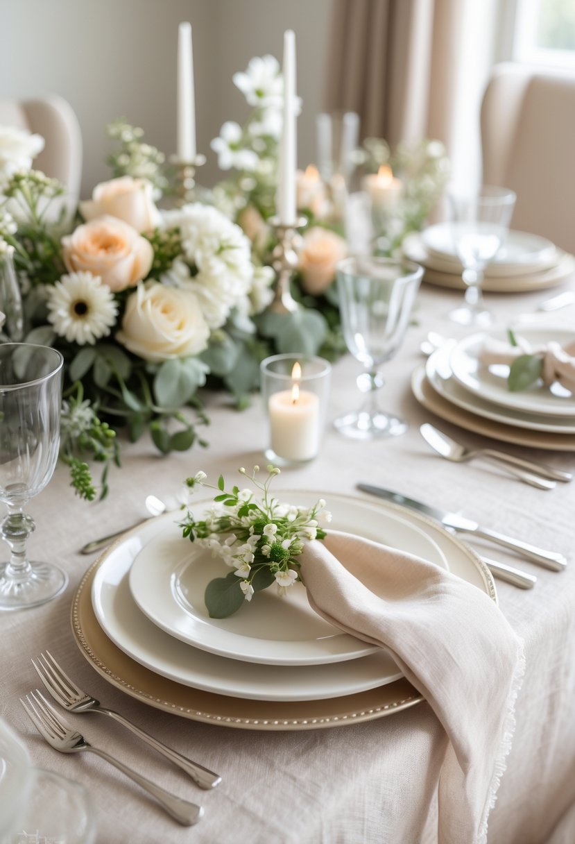 A wedding table set with a soft beige linen tablecloth, white plates, glassware, silver cutlery, floral centerpieces, and candles.