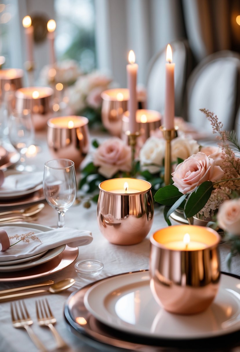 A table set with rose gold votive candle holders glowing warmly, surrounded by matching rose gold accents and soft floral decorations.