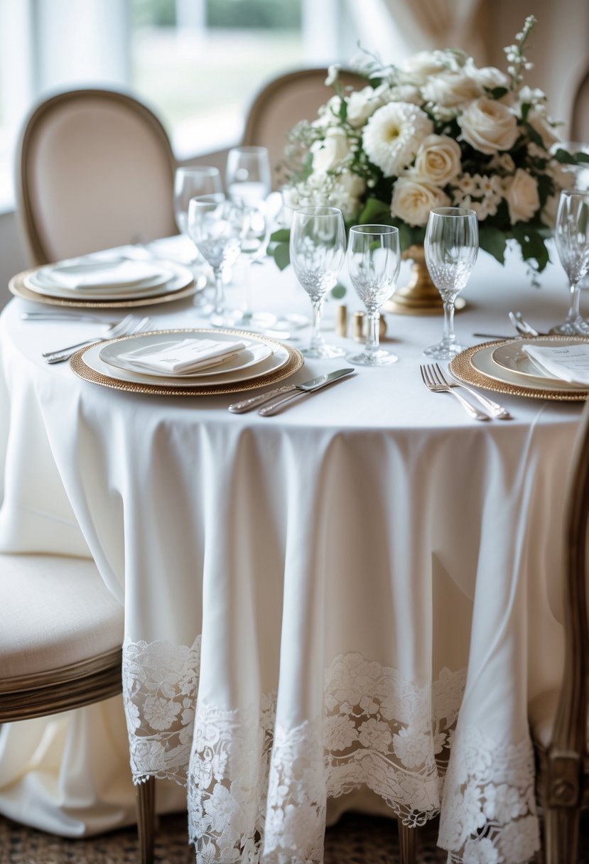 Round wedding table set with white linens, lace overlays, plates, silverware, glassware, and floral centerpiece.