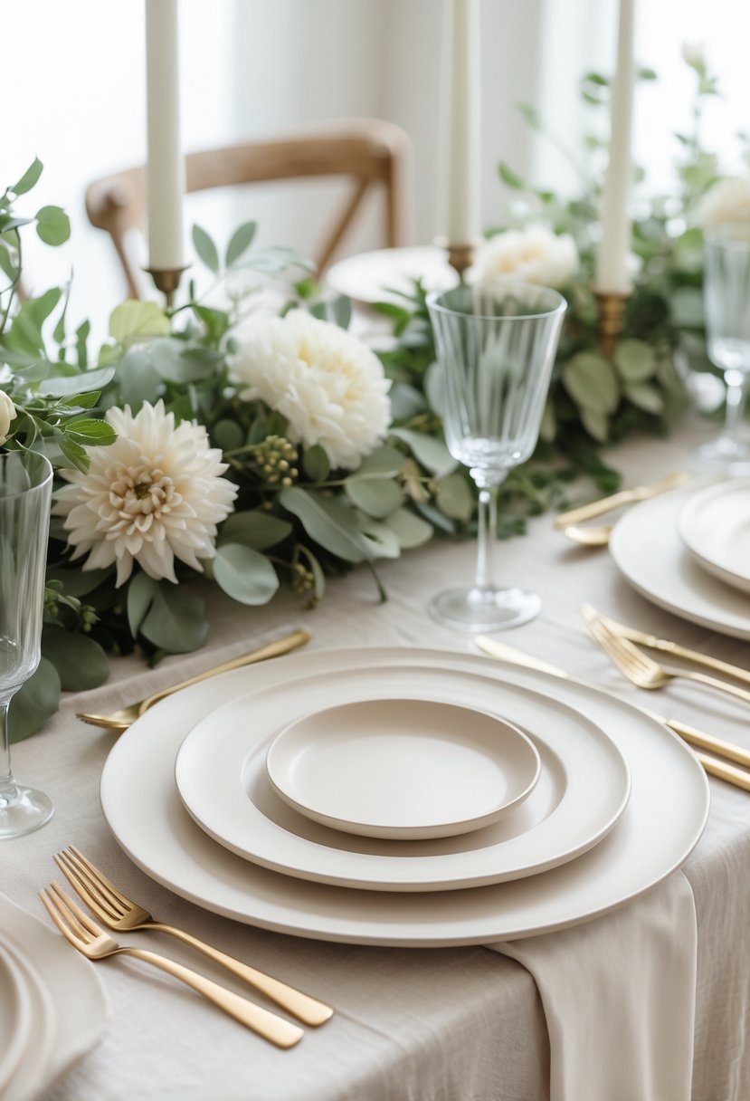 A wedding table set with matte ivory ceramic plates, neutral linens, simple floral arrangements, glassware, and flatware arranged neatly on a wooden table.