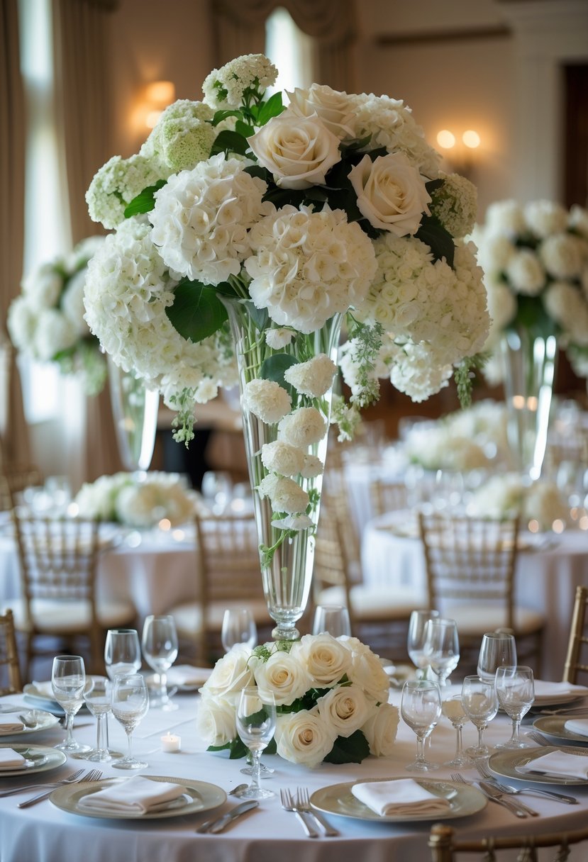 Round wedding tables with tall glass vases holding cascading white hydrangeas and roses, set with plates, silverware, and glasses.