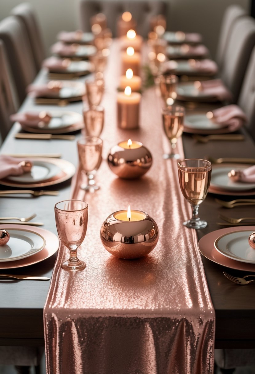 A dining table with a shimmering rose gold table runner and matching rose gold tableware arranged as a centerpiece.