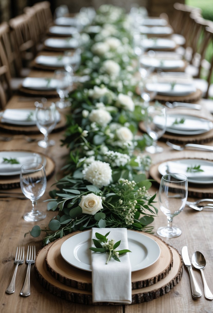 Round wedding table set for 18 with rustic wooden chargers and greenery garlands decorating the center.