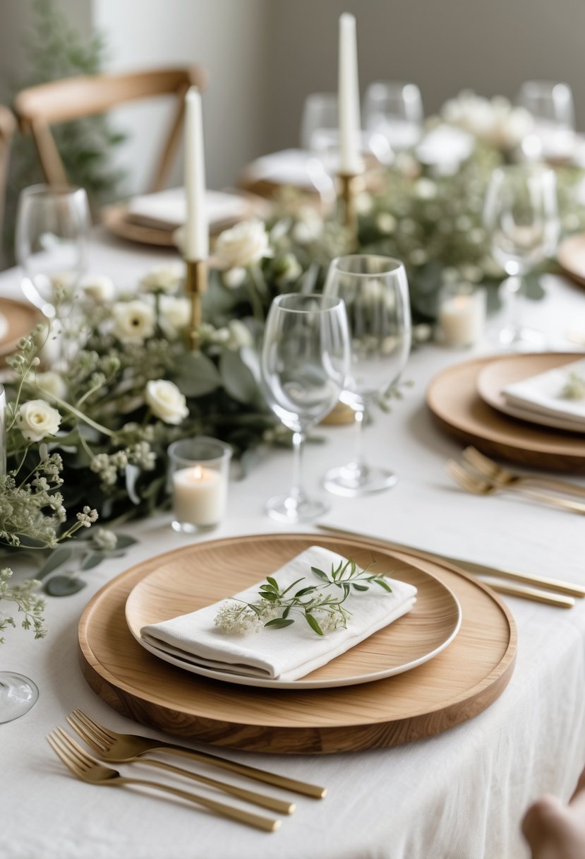 A wedding table set with natural wood charger plates, white napkins, simple dinnerware, greenery, and small white flowers on a neutral-colored table.