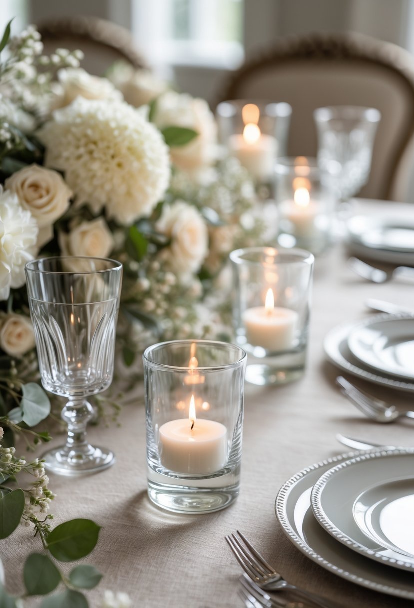 A wedding table set with clear glass votive candle holders surrounded by neutral-colored flowers and elegant tableware.