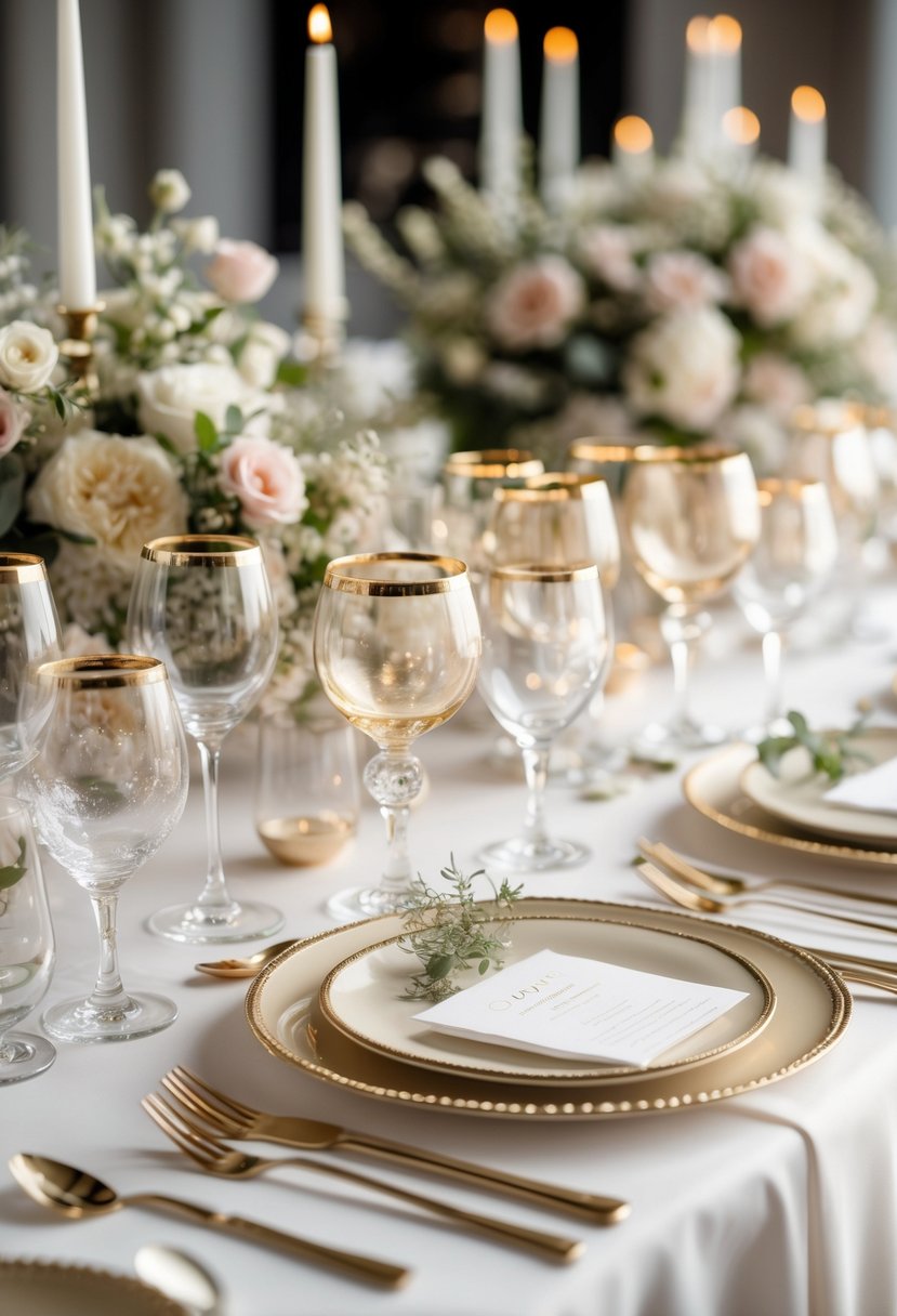 A round table set for a wedding with gold-rimmed glasses, gold flatware, white tablecloth, and floral centerpieces.