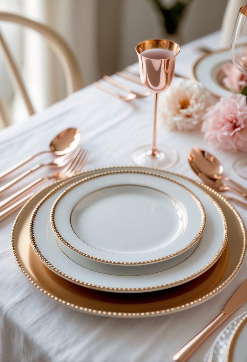 Elegant table setting with white plates rimmed in gold and rose gold cutlery arranged on a white tablecloth.